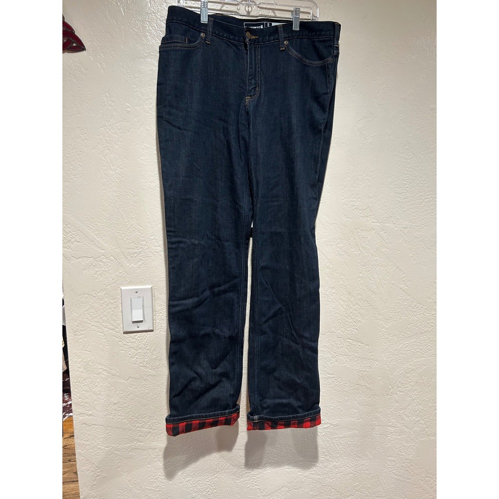 Carhartt Women's Dark Blue Straight Leg Jeans with Red Plaid Cuffs